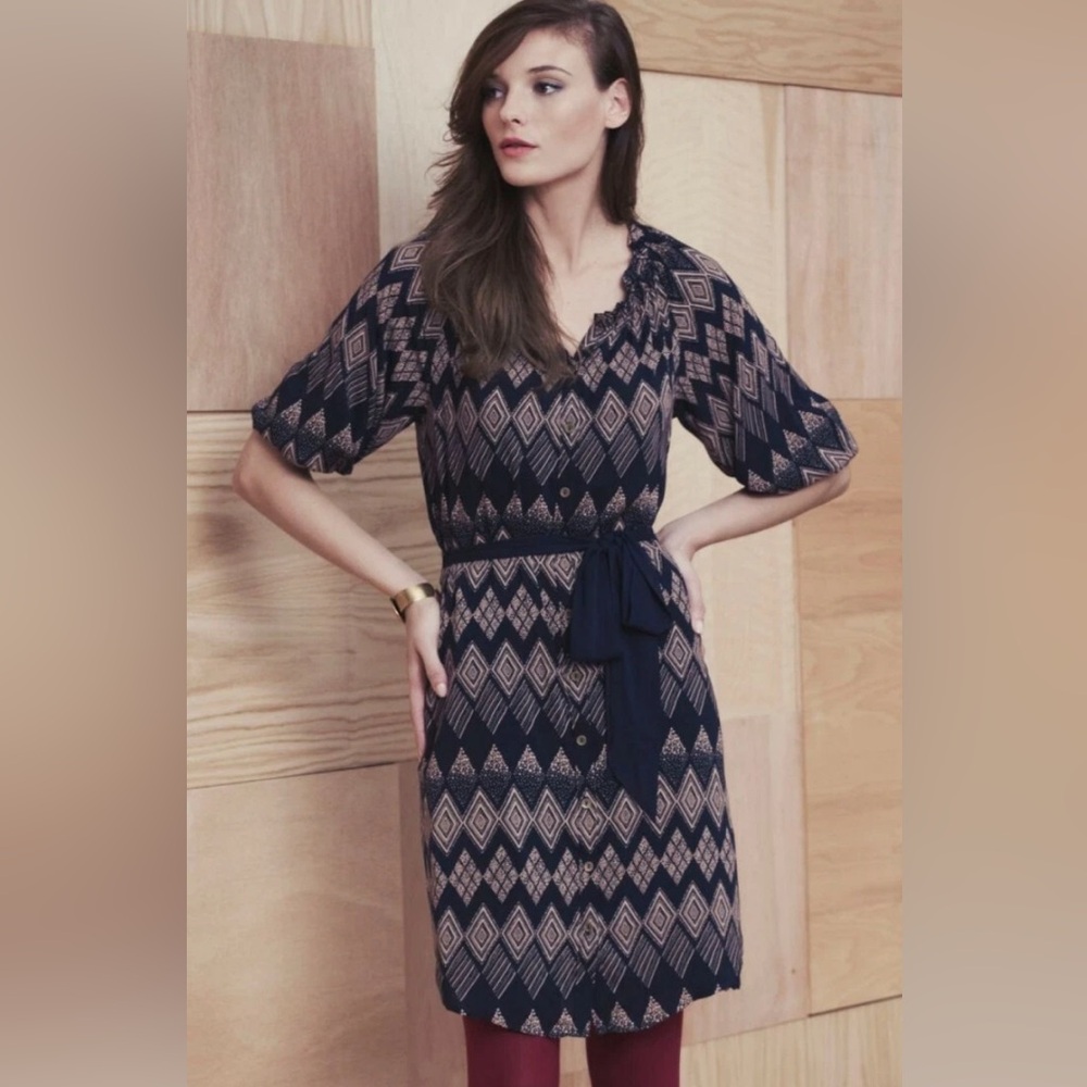 Anthropologie Edme & Essylte Rugged Carats Blue Ikat Button Front Shirt Dress 4